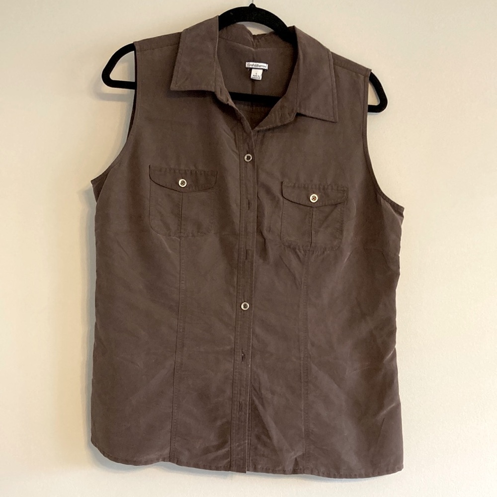 Croft and barrow brown suede feel sleeveless button up collared shirt